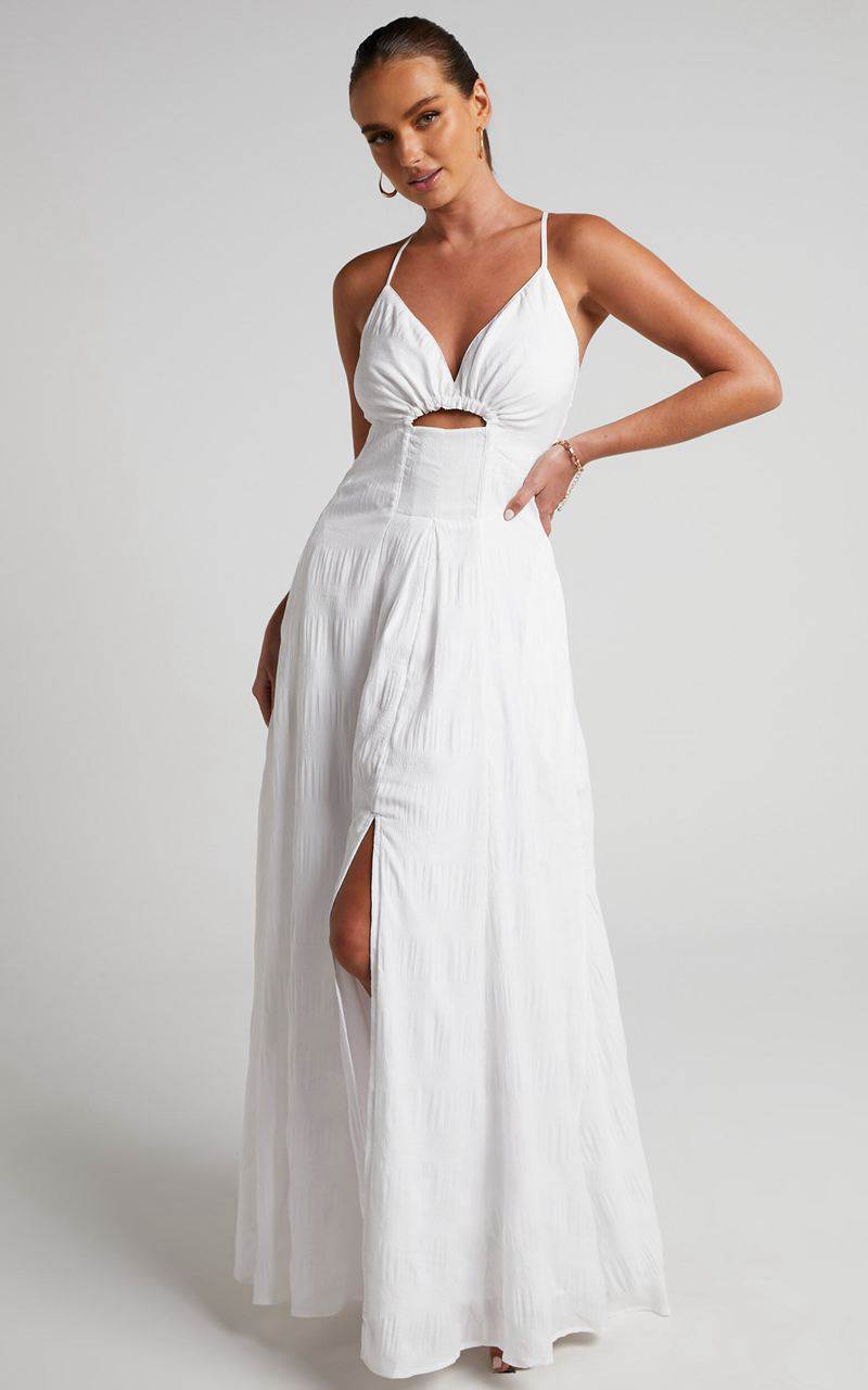 Showpo Marisse Maxi Dress - Cut Out Front Split Cross Back Textured Dress White | JPLRKX963