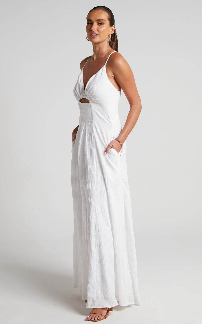 Showpo Marisse Maxi Dress - Cut Out Front Split Cross Back Textured Dress White | JPLRKX963