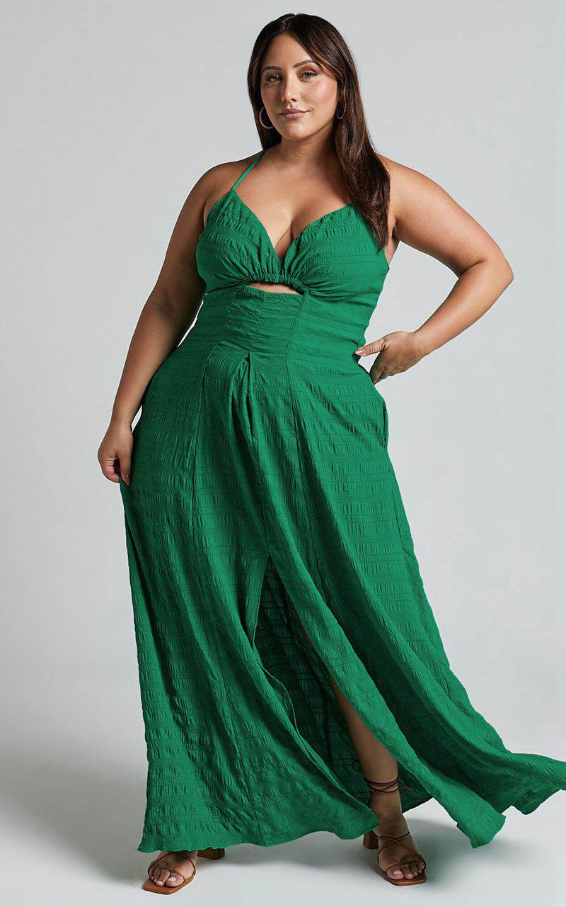 Showpo Marisse Maxi Dress - Cut Out Front Split Cross Back Textured Dress Green | KSCMAQ139