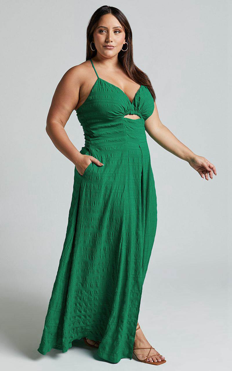 Showpo Marisse Maxi Dress - Cut Out Front Split Cross Back Textured Dress Green | KSCMAQ139