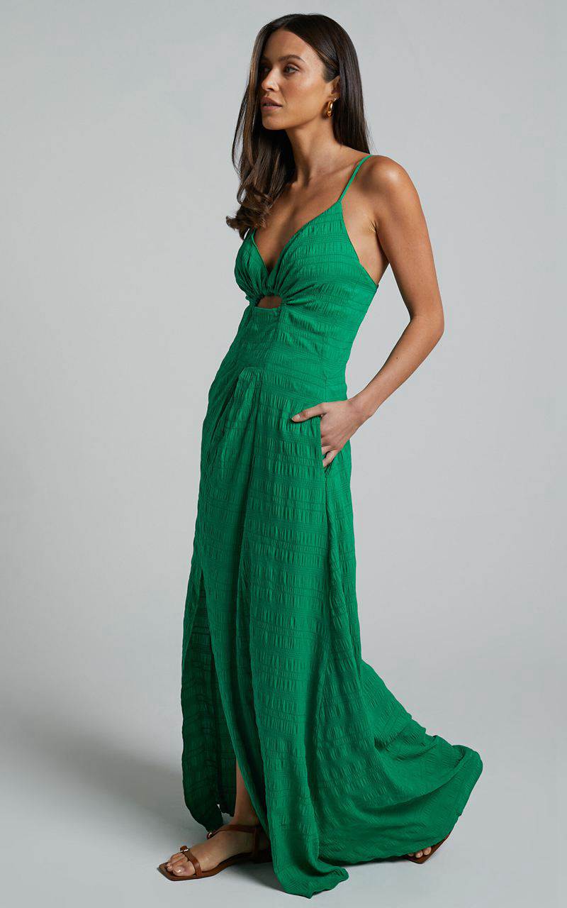 Showpo Marisse Maxi Dress - Cut Out Front Split Cross Back Textured Dress Green | KSCMAQ139