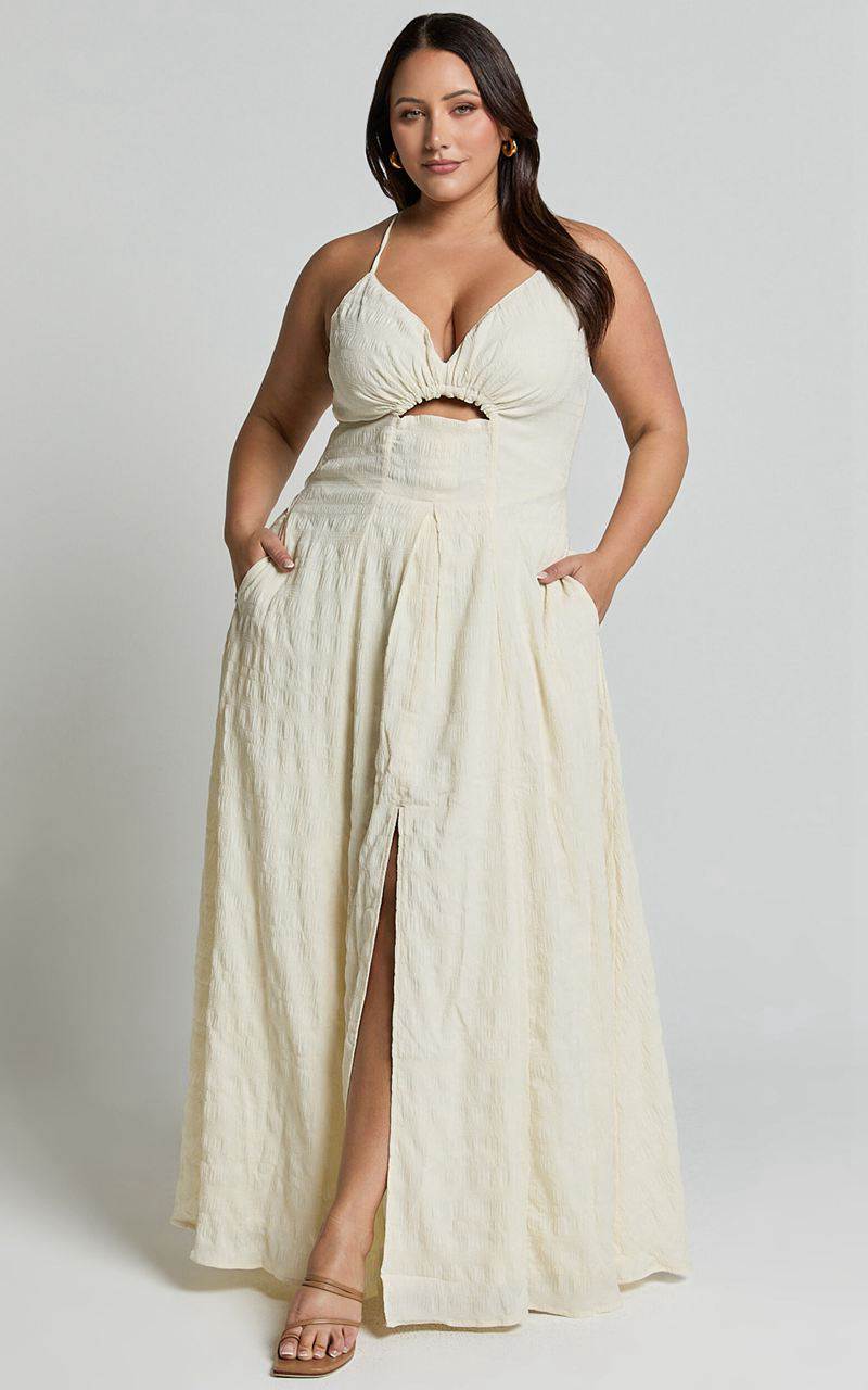 Showpo Marisse Maxi Dress - Cut Out Front Split Cross Back Textured Dress Cream | YISZPE360