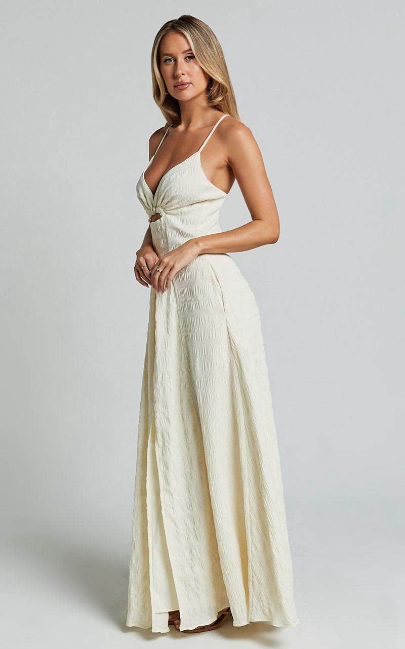 Showpo Marisse Maxi Dress - Cut Out Front Split Cross Back Textured Dress Cream | YISZPE360