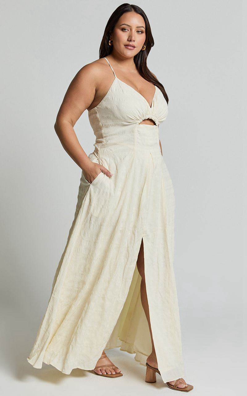 Showpo Marisse Maxi Dress - Cut Out Front Split Cross Back Textured Dress Cream | YISZPE360