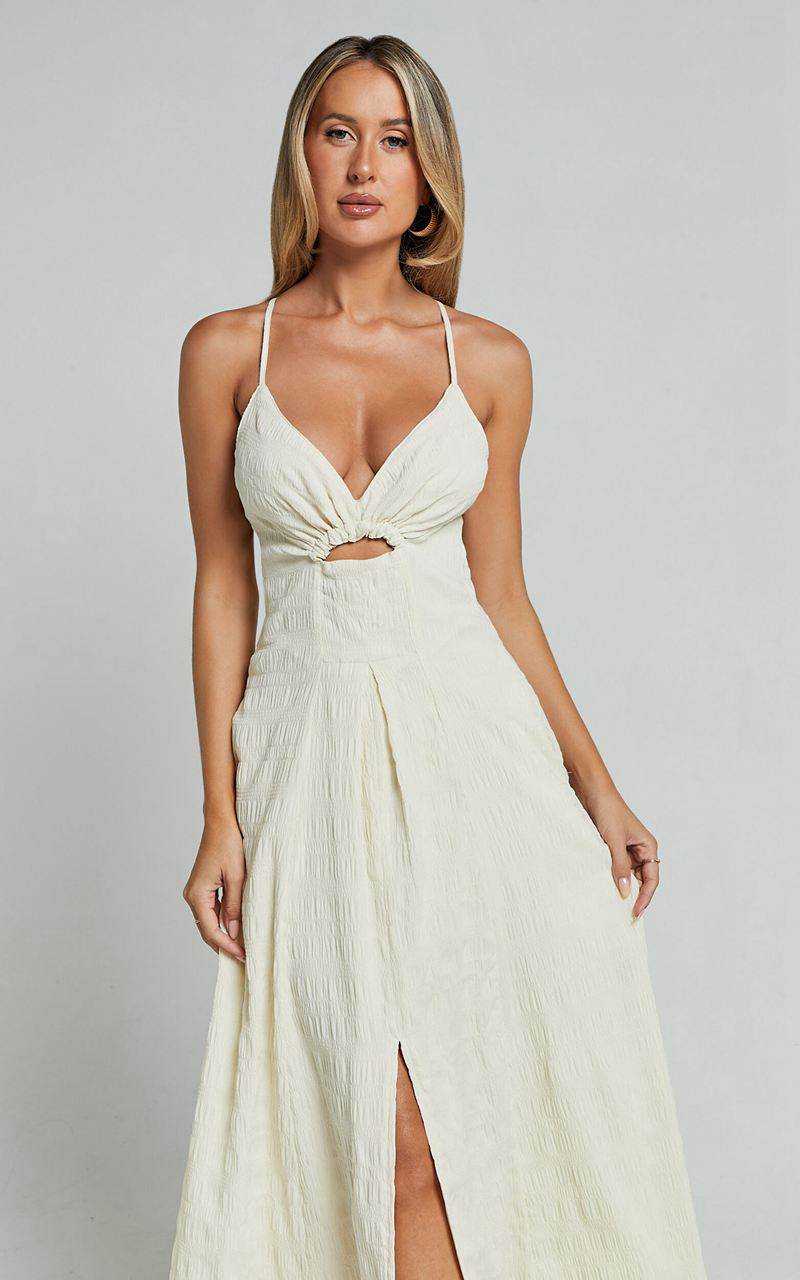 Showpo Marisse Maxi Dress - Cut Out Front Split Cross Back Textured Dress Cream | YISZPE360