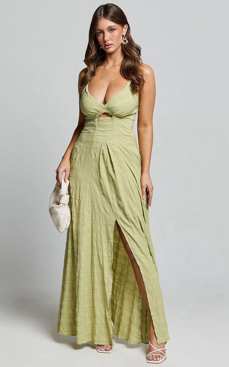 Showpo Marisse Maxi Dress - Cut Out Front Split Cross Back Textured Dress Celery | WBNGRU453