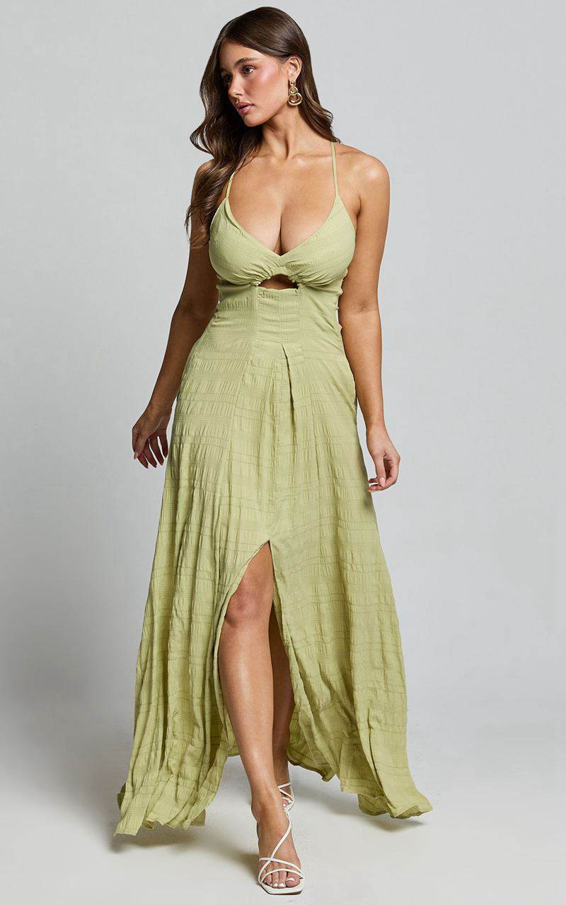 Showpo Marisse Maxi Dress - Cut Out Front Split Cross Back Textured Dress Celery | WBNGRU453