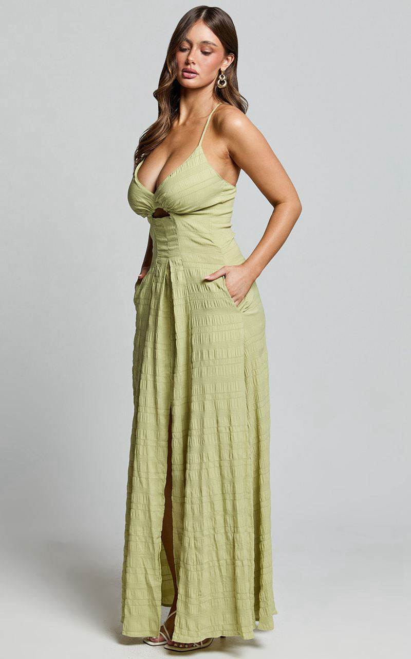 Showpo Marisse Maxi Dress - Cut Out Front Split Cross Back Textured Dress Celery | WBNGRU453