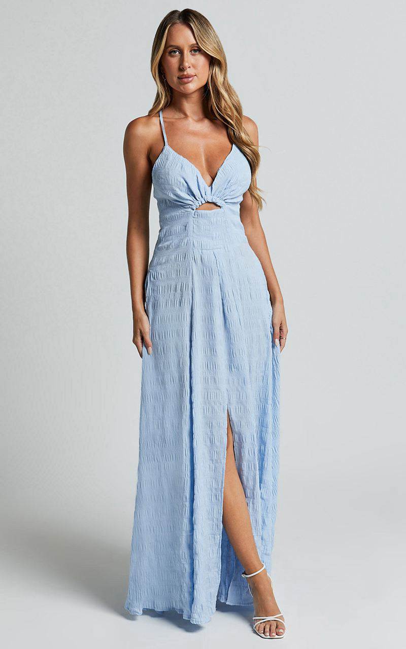 Showpo Marisse Maxi Dress - Cut Out Front Split Cross Back Textured Dress Blue | UBITLZ409