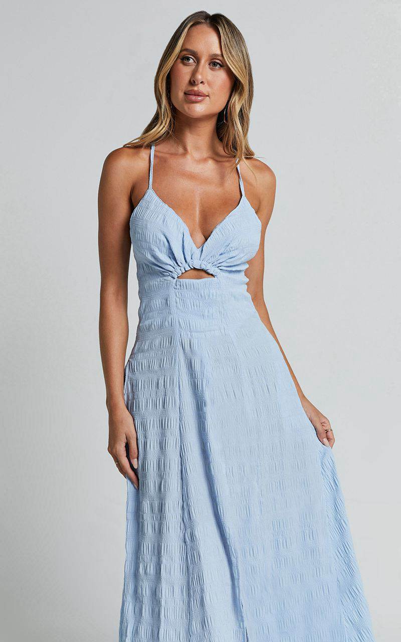 Showpo Marisse Maxi Dress - Cut Out Front Split Cross Back Textured Dress Blue | UBITLZ409