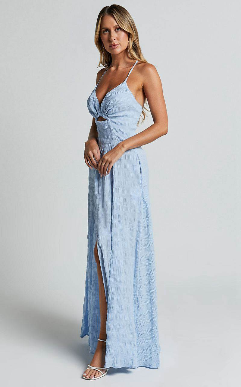 Showpo Marisse Maxi Dress - Cut Out Front Split Cross Back Textured Dress Blue | UBITLZ409