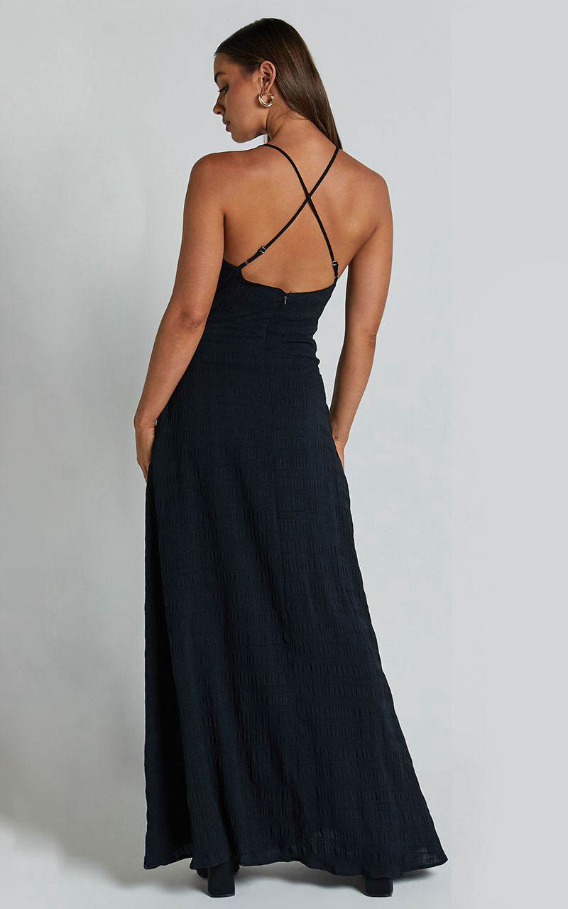 Showpo Marisse Maxi Dress - Cut Out Front Split Cross Back Textured Dress Black | SNDWOA298