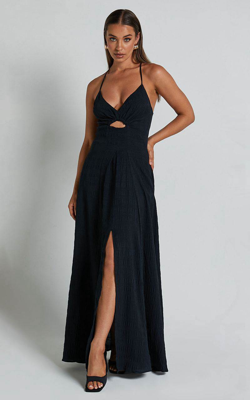 Showpo Marisse Maxi Dress - Cut Out Front Split Cross Back Textured Dress Black | SNDWOA298