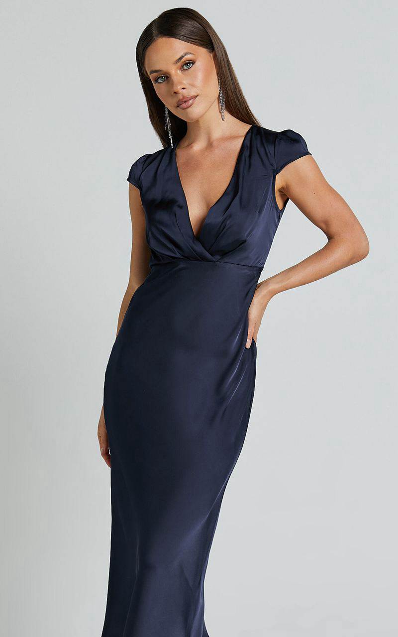 Showpo Marleen Midi Dress - Wrap Front Cap Sleeve Satin Bias Cut Dress Midnight Blue | UOYCVG395