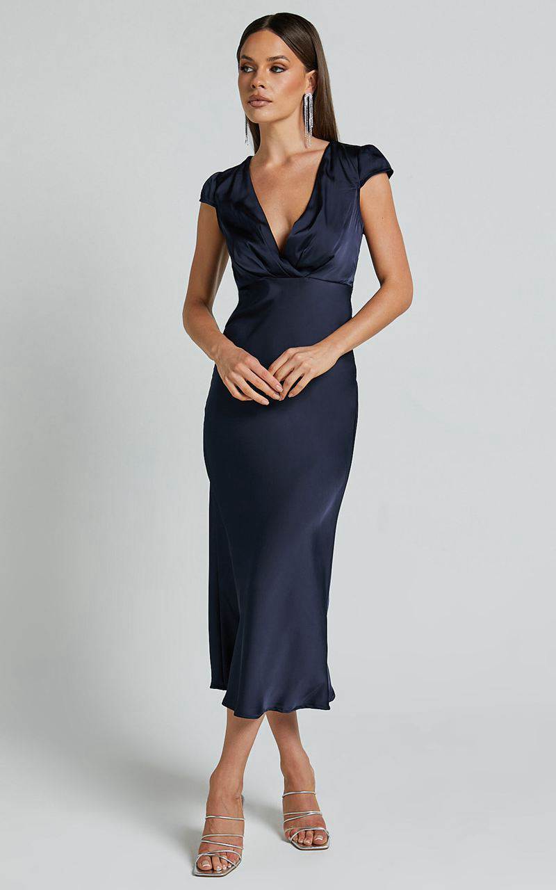 Showpo Marleen Midi Dress - Wrap Front Cap Sleeve Satin Bias Cut Dress Midnight Blue | UOYCVG395