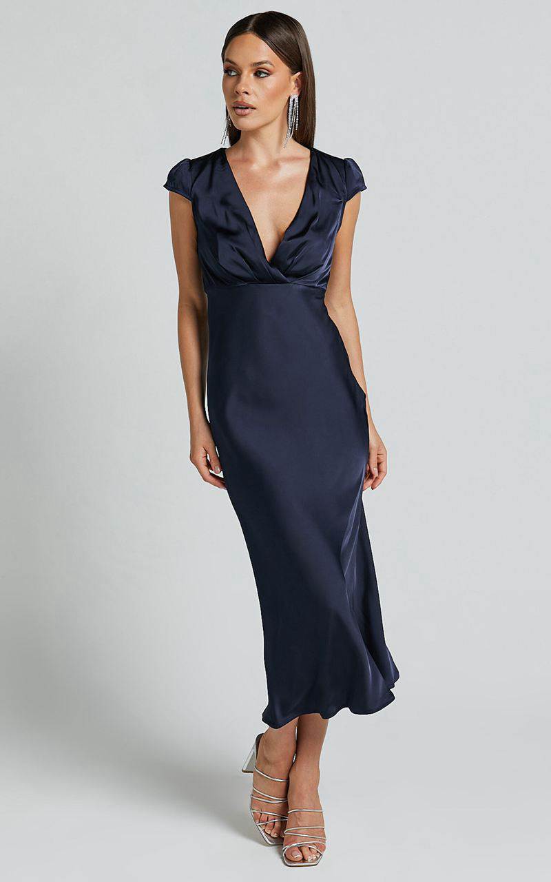 Showpo Marleen Midi Dress - Wrap Front Cap Sleeve Satin Bias Cut Dress Midnight Blue | UOYCVG395