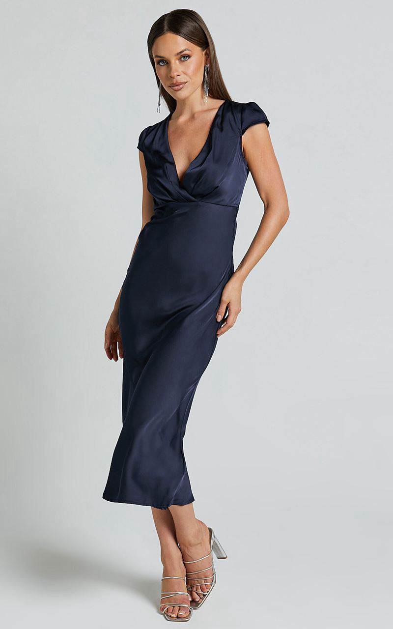 Showpo Marleen Midi Dress - Wrap Front Cap Sleeve Satin Bias Cut Dress Midnight Blue | UOYCVG395