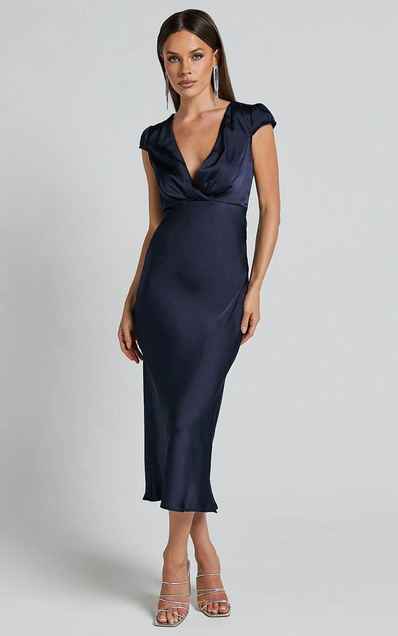 Showpo Marleen Midi Dress - Wrap Front Cap Sleeve Satin Bias Cut Dress Midnight Blue | UOYCVG395