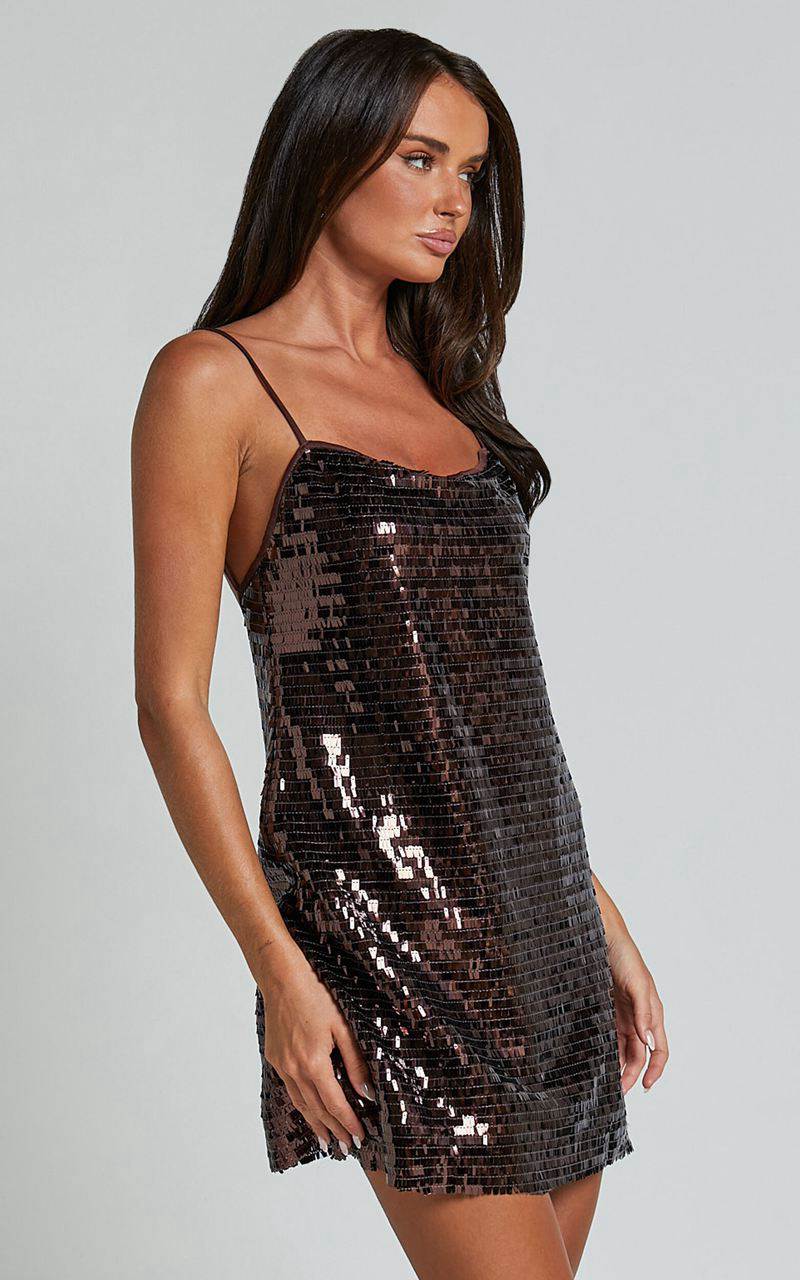 Showpo Marleen Mini Dress - Strappy Low Back Sequin Dress Chocolate | ZLOMAY124