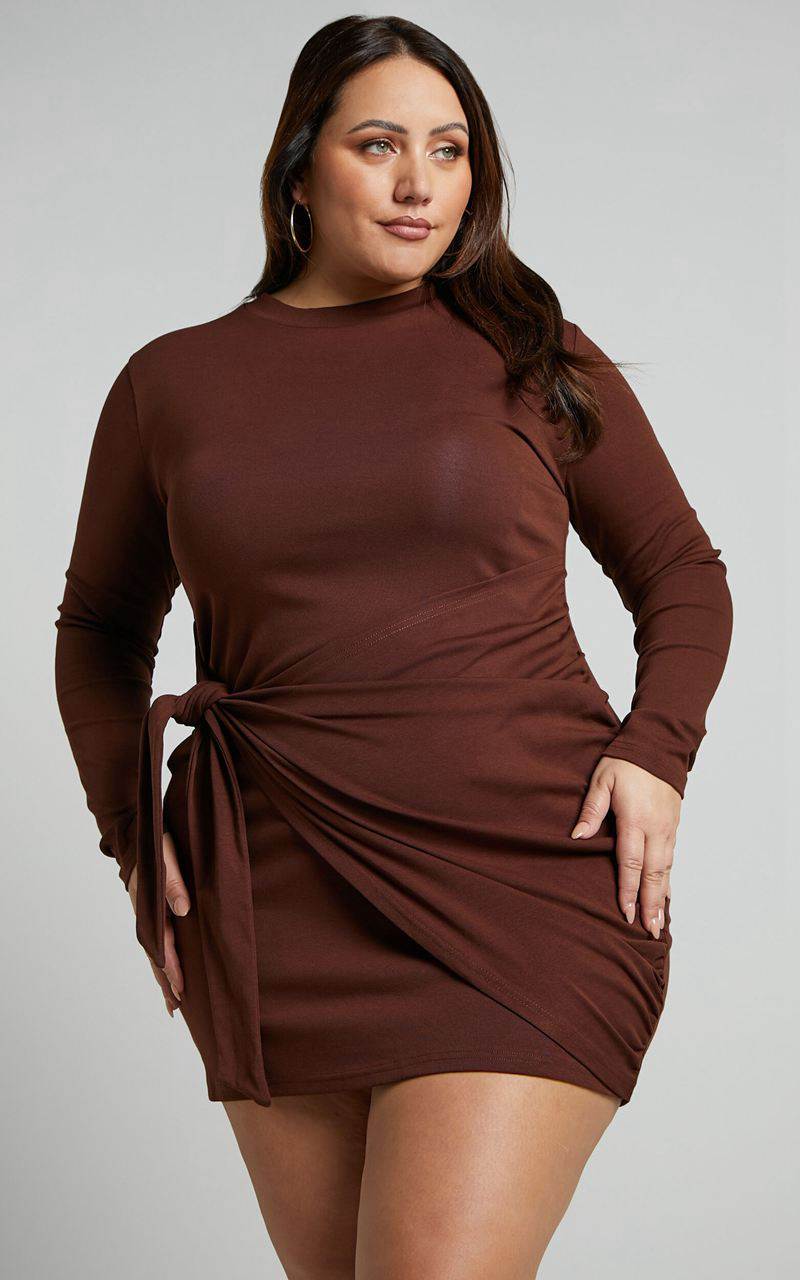 Showpo Marleen Mini Dress - Wrap Front Long Sleeve Bodycon Dress Dark Oak | YFEAXZ067