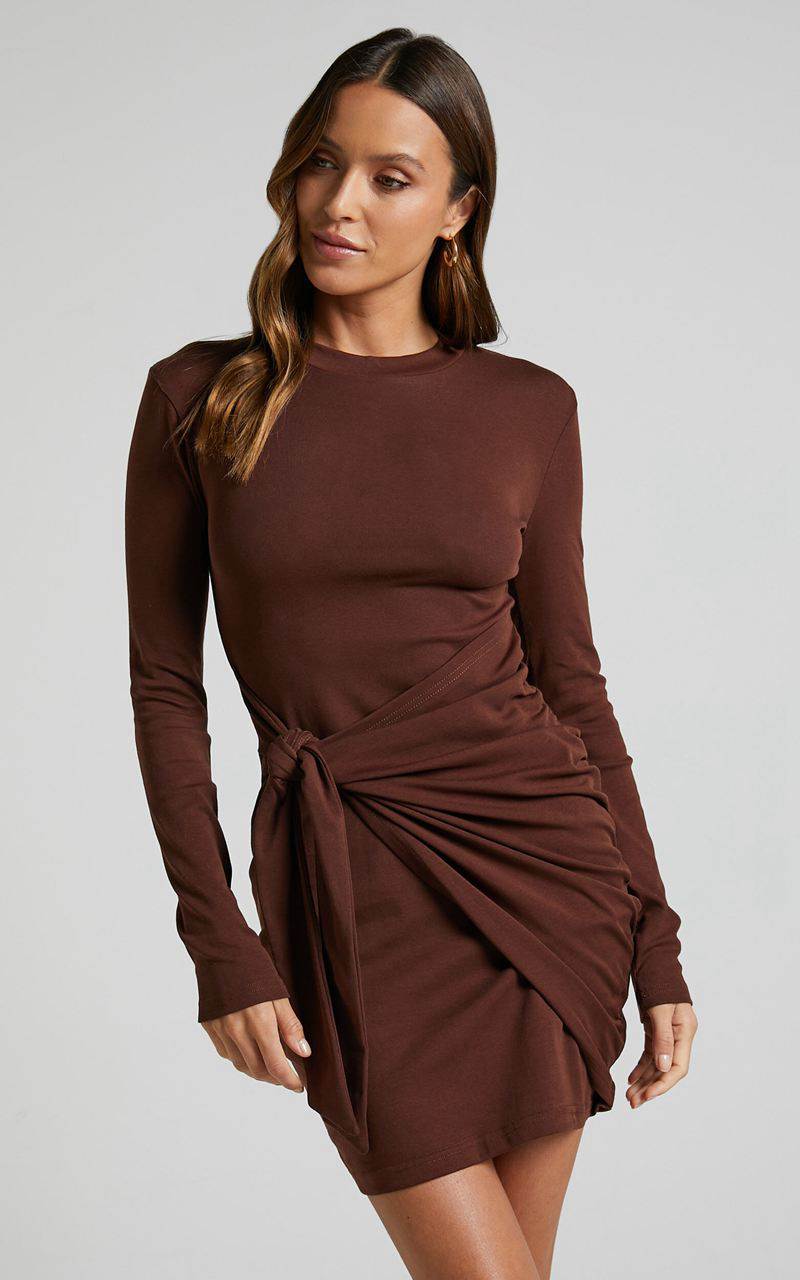 Showpo Marleen Mini Dress - Wrap Front Long Sleeve Bodycon Dress Dark Oak | YFEAXZ067