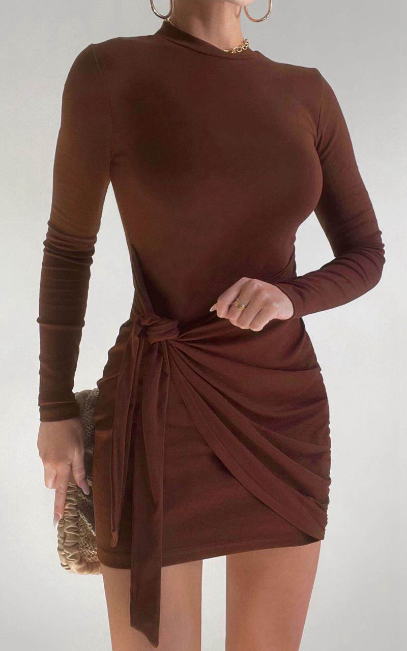 Showpo Marleen Mini Dress - Wrap Front Long Sleeve Bodycon Dress Dark Oak | YFEAXZ067