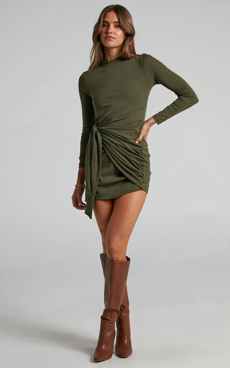 Showpo Marleen Mini Dress - Wrap Front Long Sleeve Bodycon Dress Khaki | ESPIRH852