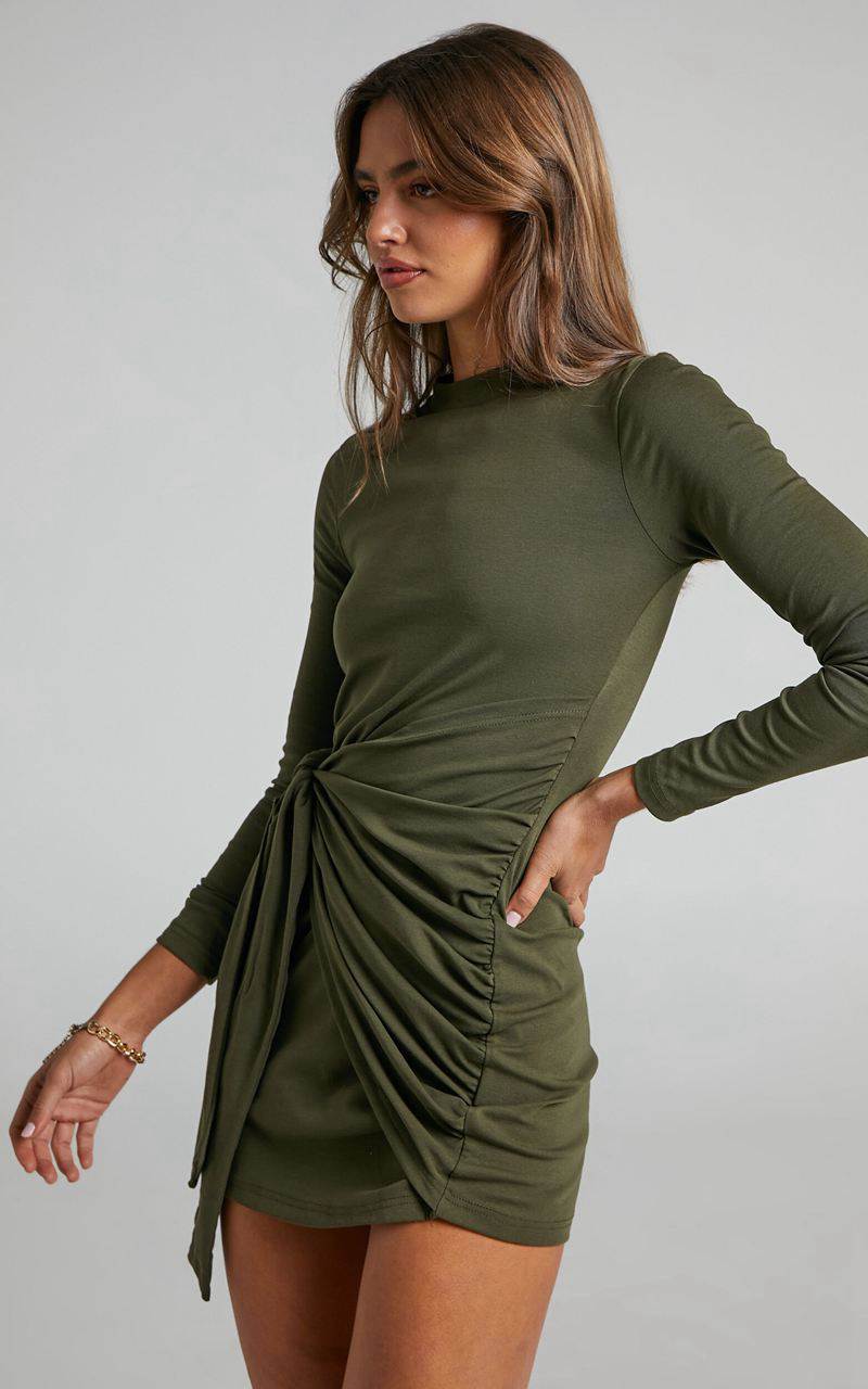 Showpo Marleen Mini Dress - Wrap Front Long Sleeve Bodycon Dress Khaki | ESPIRH852