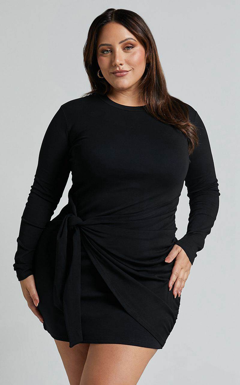 Showpo Marleen Mini Dress - Wrap Front Long Sleeve Bodycon Dress Black | XDBWJI938