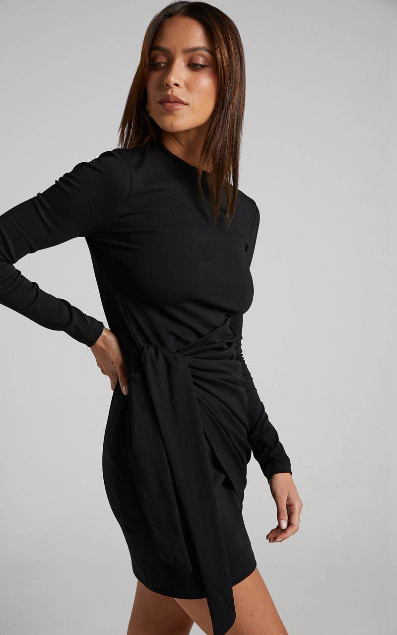 Showpo Marleen Mini Dress - Wrap Front Long Sleeve Bodycon Dress Black | XDBWJI938