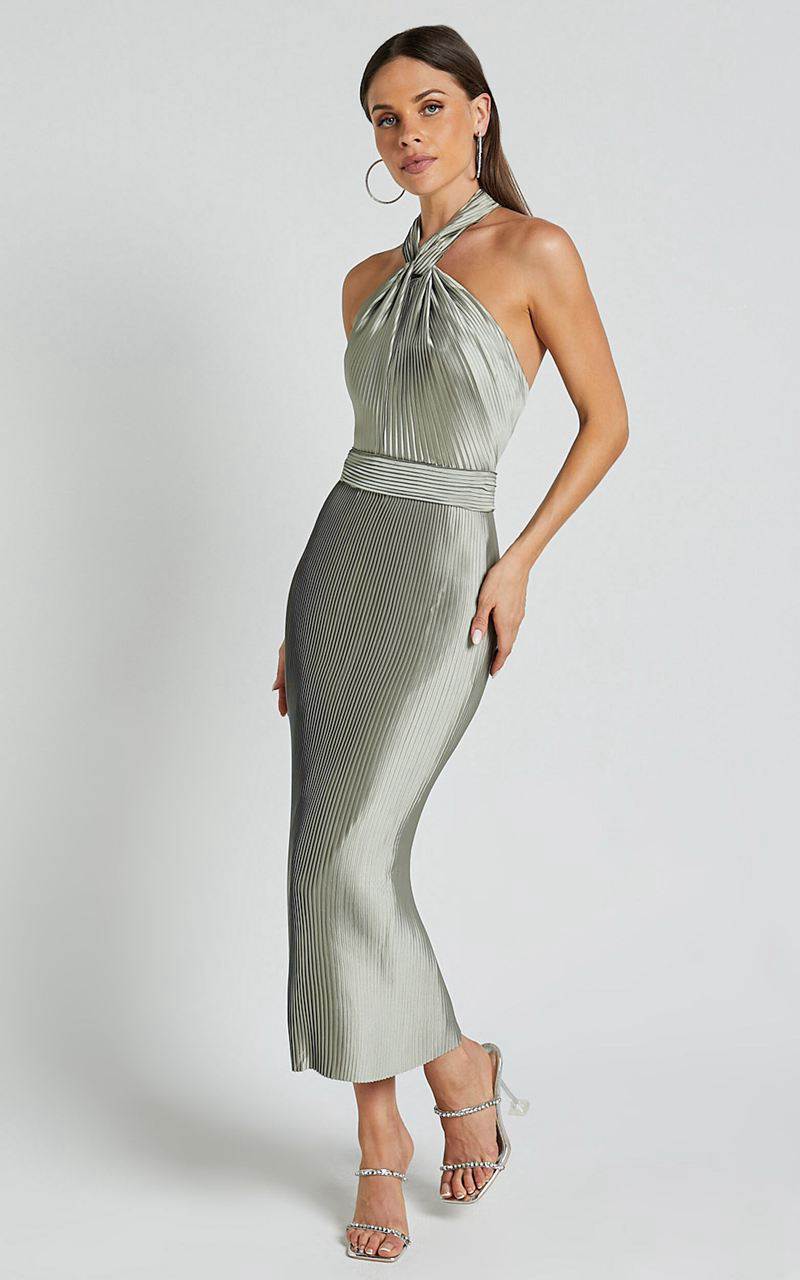 Showpo Marlette Midi Dress - Pleated Open Back Halter Dress Sage | WXECSY283