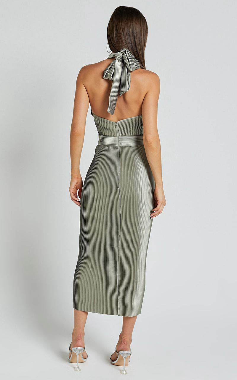 Showpo Marlette Midi Dress - Pleated Open Back Halter Dress Sage | WXECSY283