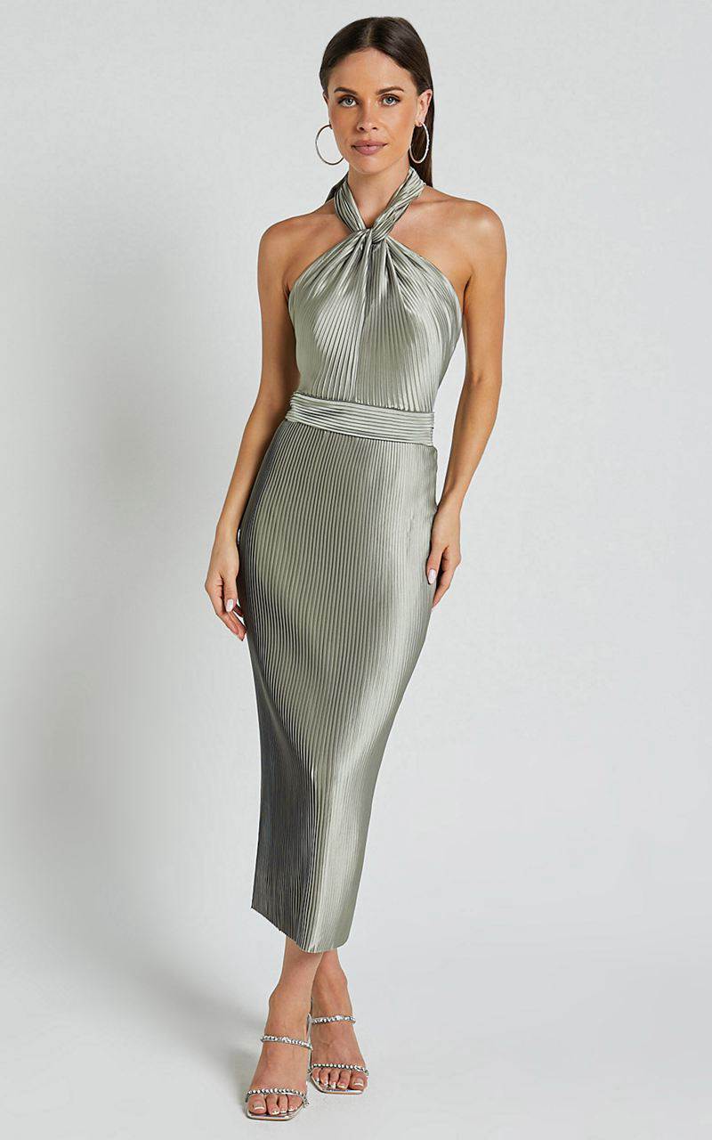 Showpo Marlette Midi Dress - Pleated Open Back Halter Dress Sage | WXECSY283