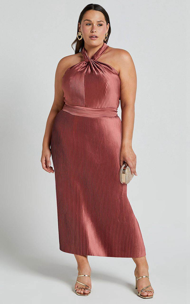 Showpo Marlette Midi Dress - Pleated Open Back Halter Dress Rust | LBSDCF184