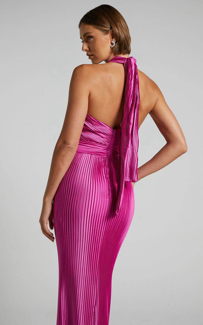 Showpo Marlette Midi Dress - Pleated Open Back Halter Dress Grape | TKSEDX960