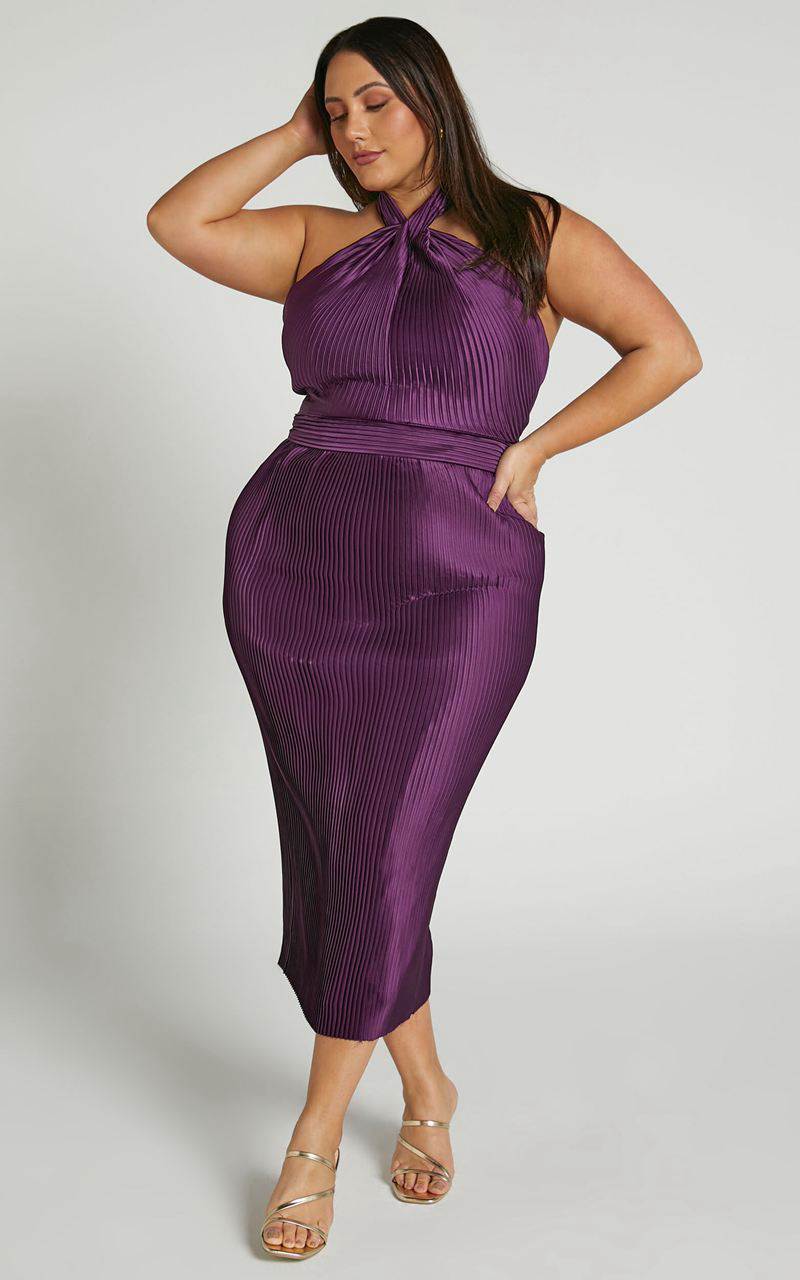 Showpo Marlette Midi Dress - Pleated Open Back Halter Dress Aubergine | WDXQUJ856