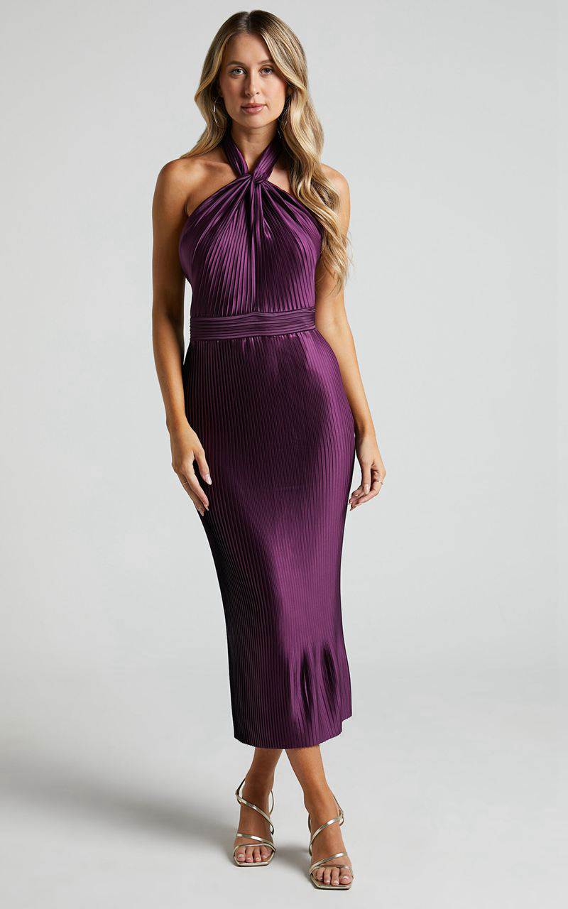 Showpo Marlette Midi Dress - Pleated Open Back Halter Dress Aubergine | WDXQUJ856