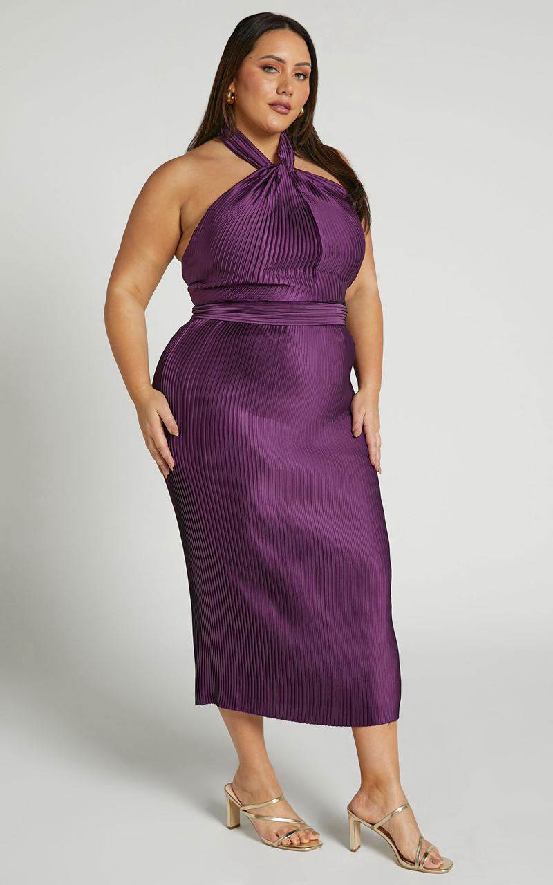 Showpo Marlette Midi Dress - Pleated Open Back Halter Dress Aubergine | WDXQUJ856