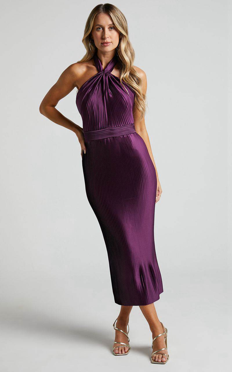 Showpo Marlette Midi Dress - Pleated Open Back Halter Dress Aubergine | WDXQUJ856