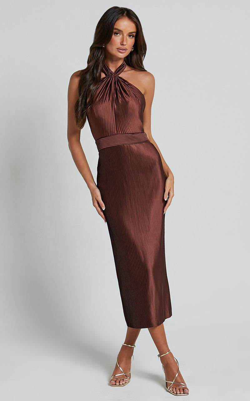 Showpo Marlette Midi Dress - Pleated Open Back Halter Dress Chocolate | ZMTREH841