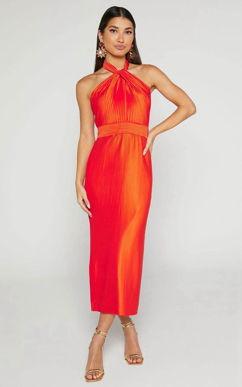 Showpo Marlette Midi Dress - Pleated Open Back Halter Dress Orange | PDXNFC913