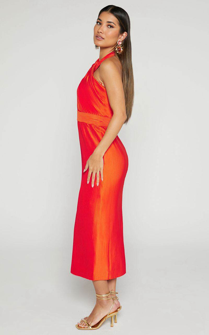 Showpo Marlette Midi Dress - Pleated Open Back Halter Dress Orange | PDXNFC913