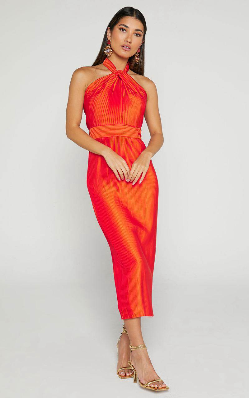 Showpo Marlette Midi Dress - Pleated Open Back Halter Dress Orange | PDXNFC913