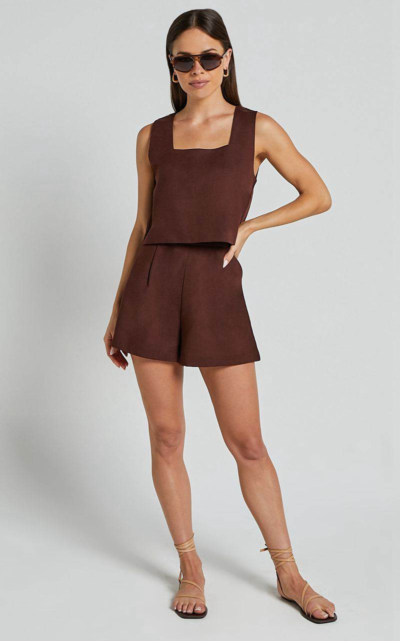 Showpo Marley Two Piece Set - Square Neck Top & Short Linen Look Set Chocolate | BDKAYW356