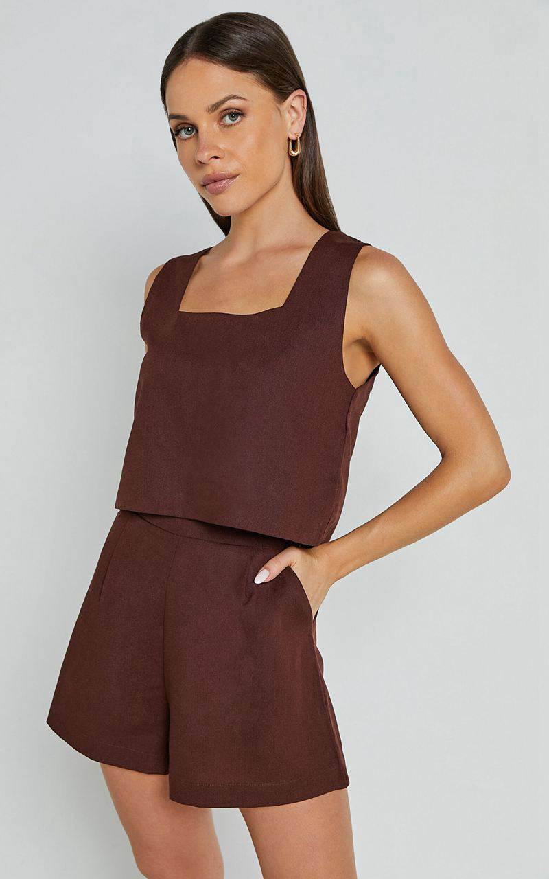 Showpo Marley Two Piece Set - Square Neck Top & Short Linen Look Set Chocolate | BDKAYW356