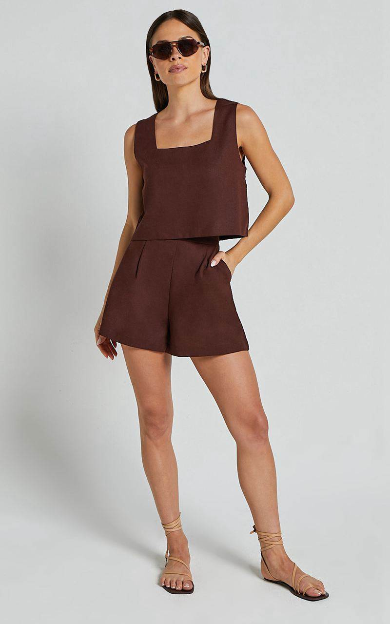 Showpo Marley Two Piece Set - Square Neck Top & Short Linen Look Set Chocolate | BDKAYW356