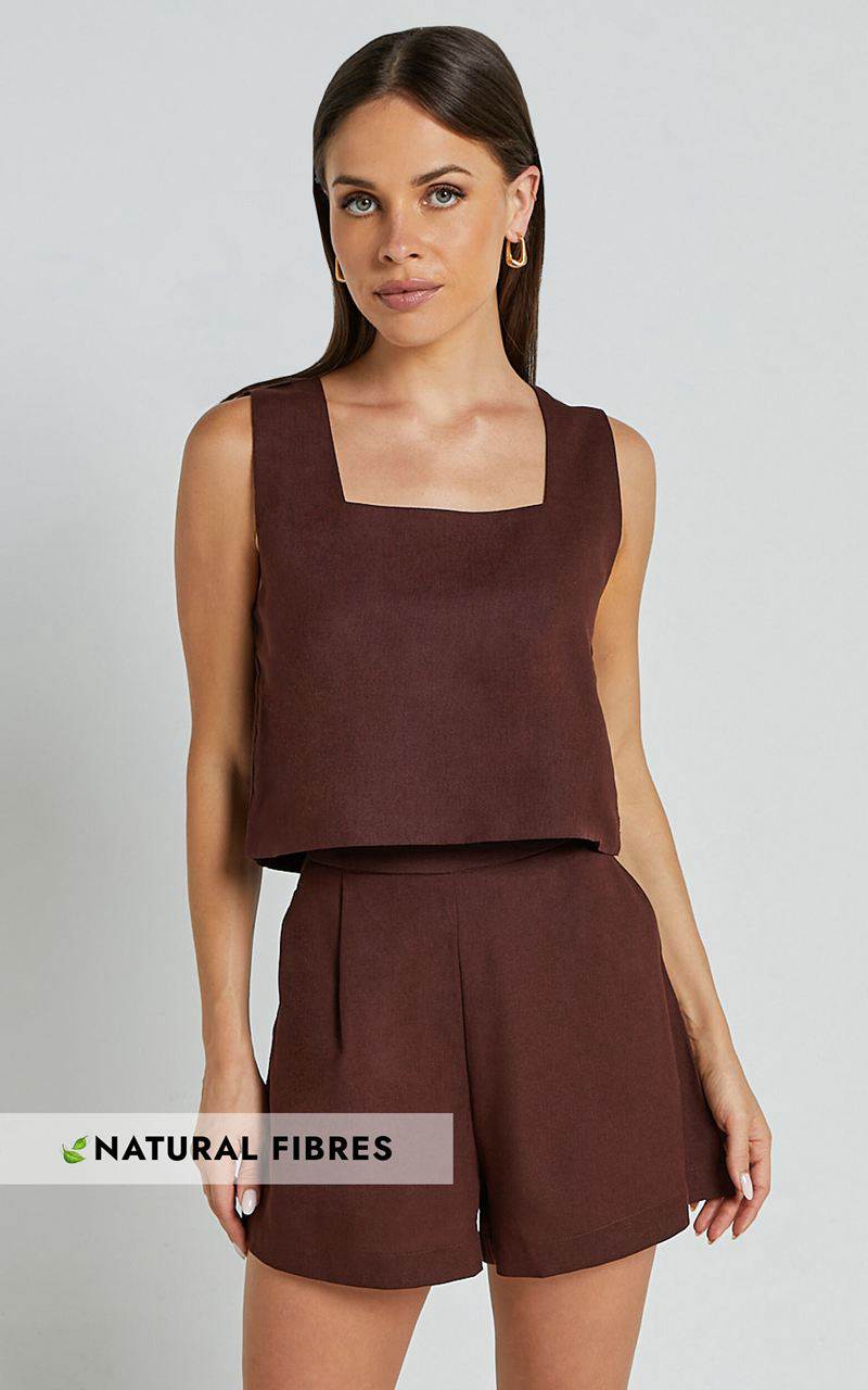 Showpo Marley Two Piece Set - Square Neck Top & Short Linen Look Set Chocolate | BDKAYW356