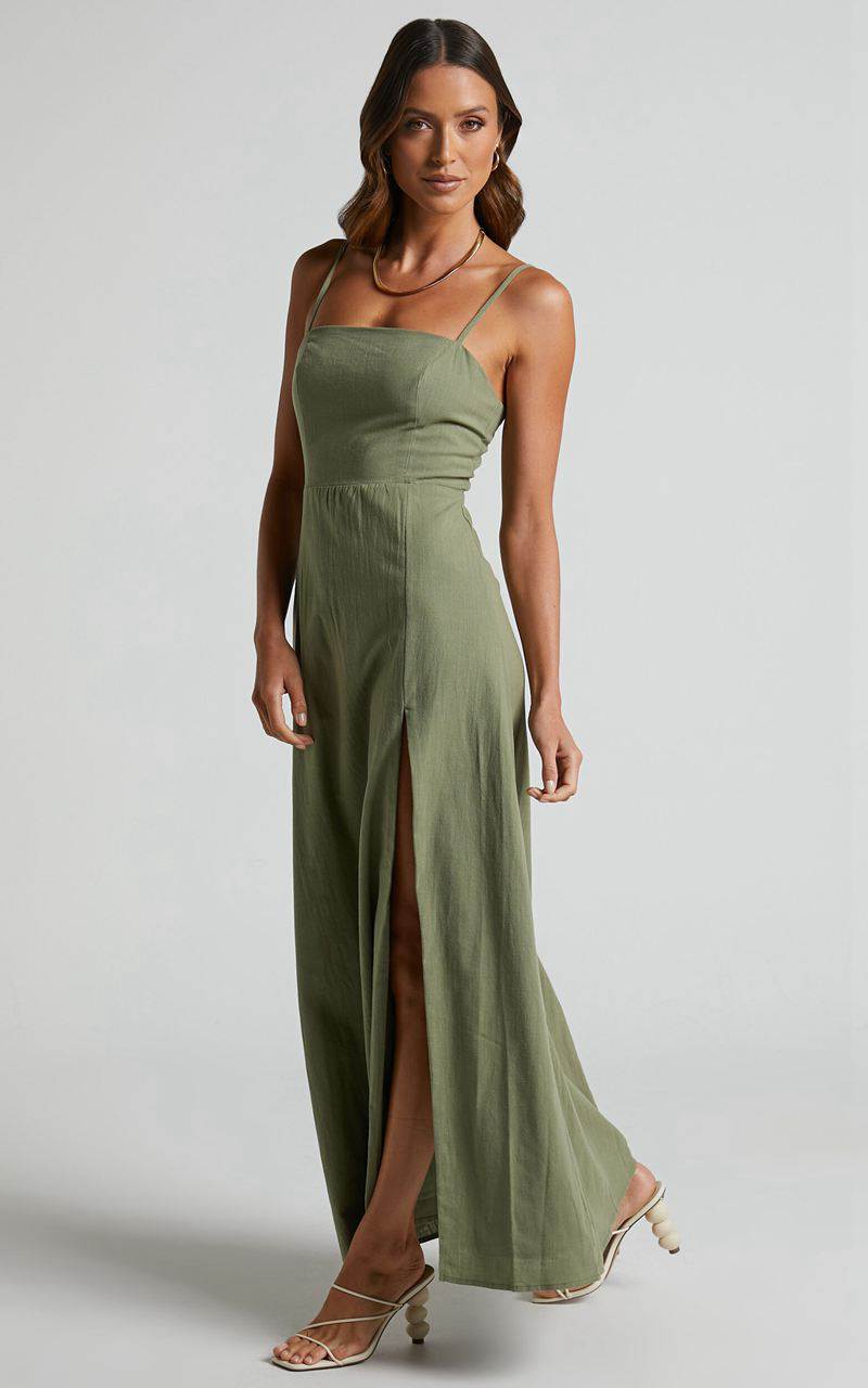 Showpo Marsha Midi Dress - High Split Slip Dress Khaki | MZLNKP147