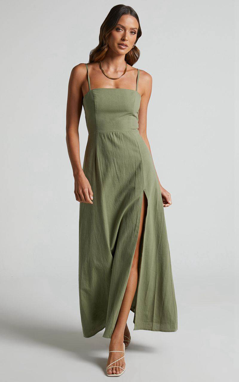 Showpo Marsha Midi Dress - High Split Slip Dress Khaki | MZLNKP147