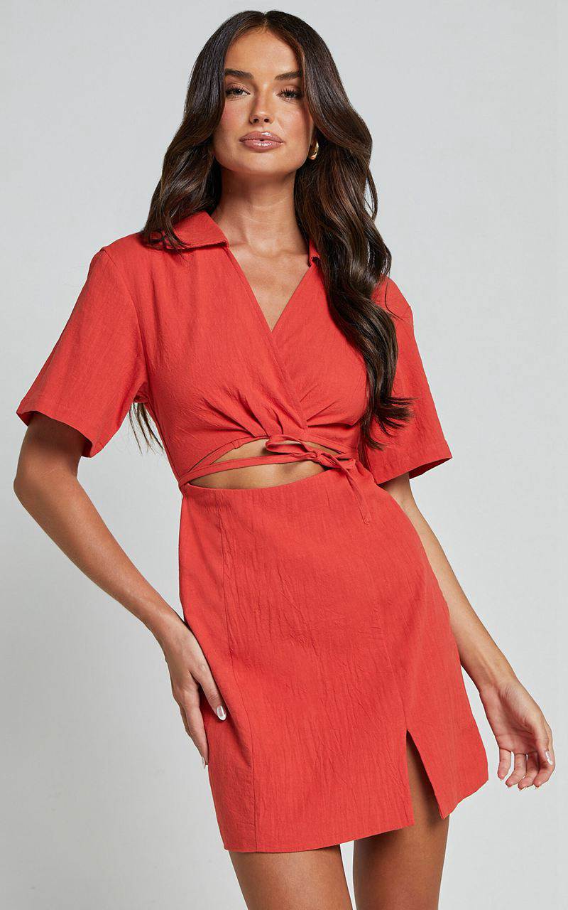 Showpo Marsha Mini Dress - Cut Out Short Sleeve Dress Burnt Orange | VODMEA980